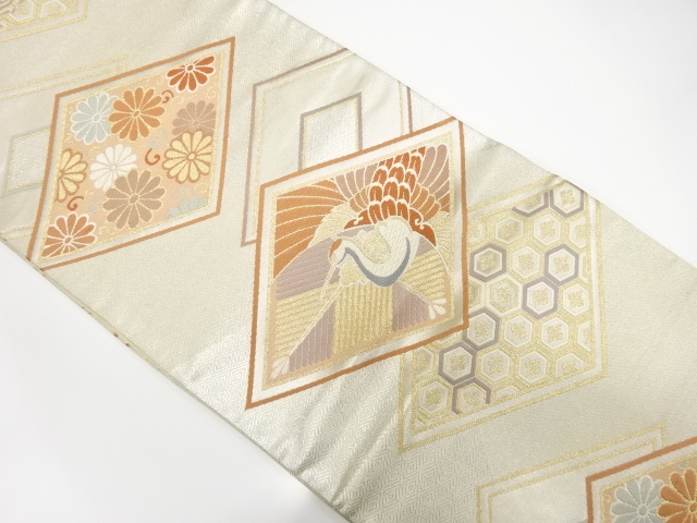 JAPANESE KIMONO / ANTIQUE FUKURO OBI / SILK / WOVEN CRANE & FLOWER